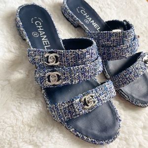 CHANEL tweed and lambskin mules/sandals
